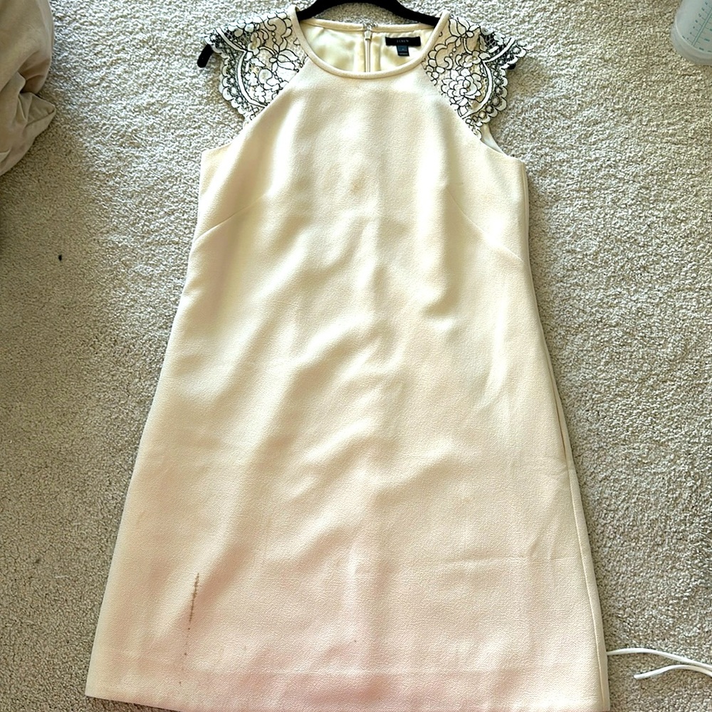 J Crew cream mini dress with lace cap sleeve, size 6